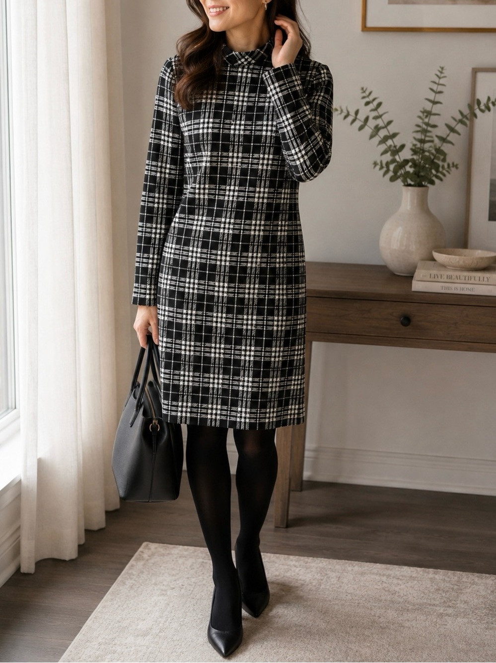 Talbots Petite Black & White Plaid Mock Neck Dress – Size Large Petite
